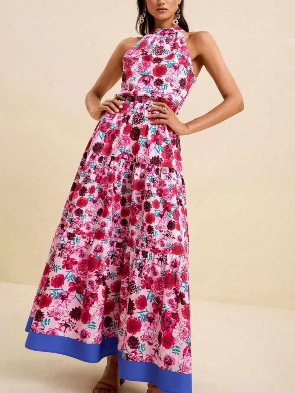 Multicolor Boho Women's Sleeveless Ditsy Floral Waist Cinched Dress